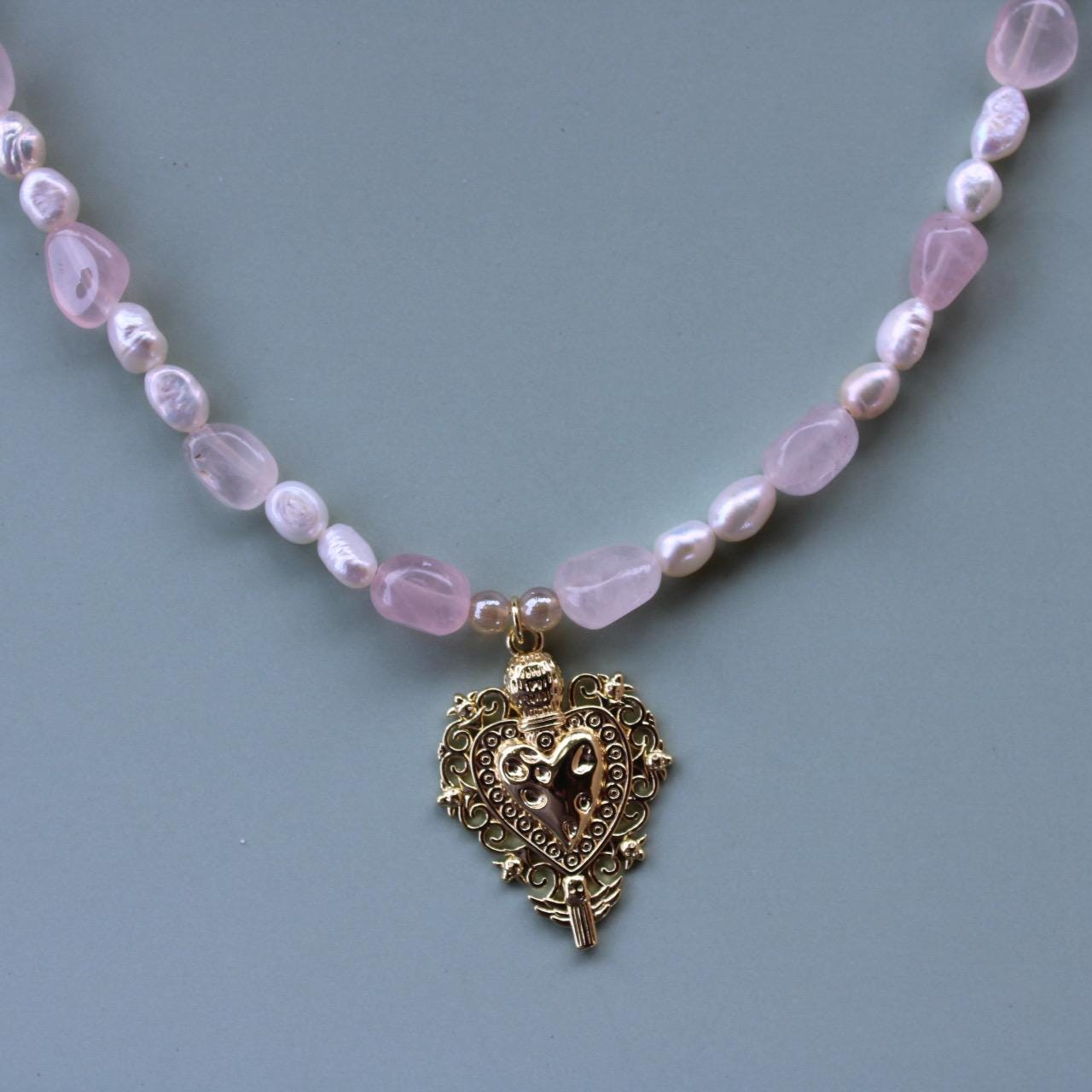 Sacred Heart Pendant Necklace: Pink Quartz & Freshwater Pearl