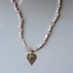 Sacred Heart Pendant Necklace: Pink Quartz & Freshwater Pearl
