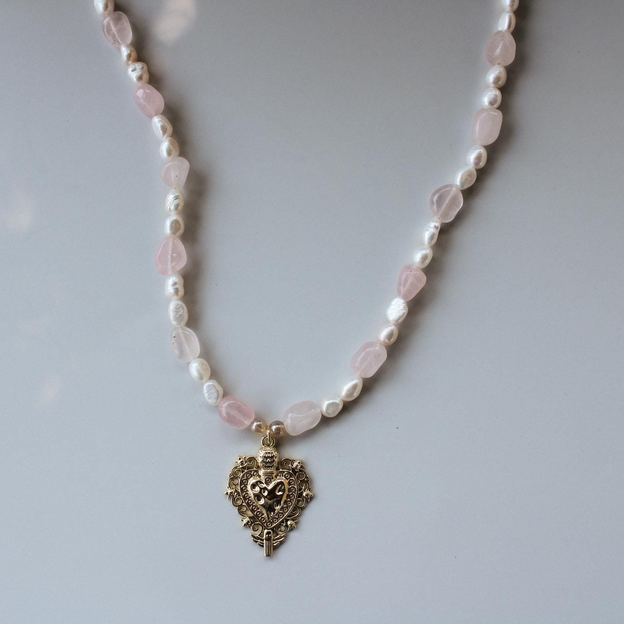 Sacred Heart Pendant Necklace: Pink Quartz & Freshwater Pearl