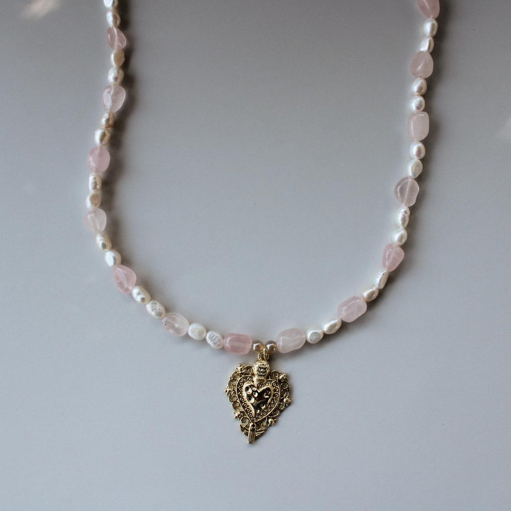 Sacred Heart Pendant Necklace: Pink Quartz & Freshwater Pearl