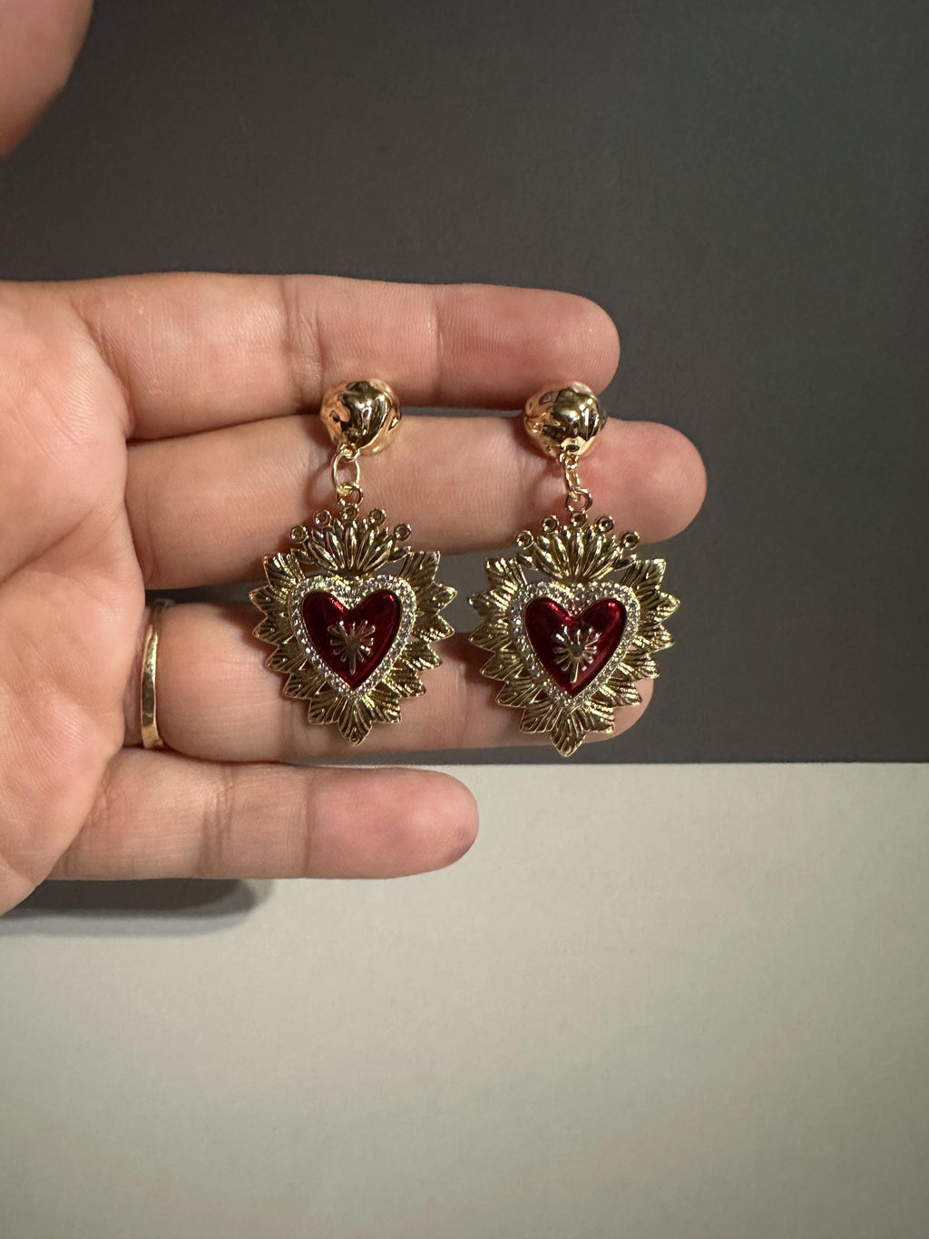 Handmade 18k Gold Plated red Sacred Heart Earrings