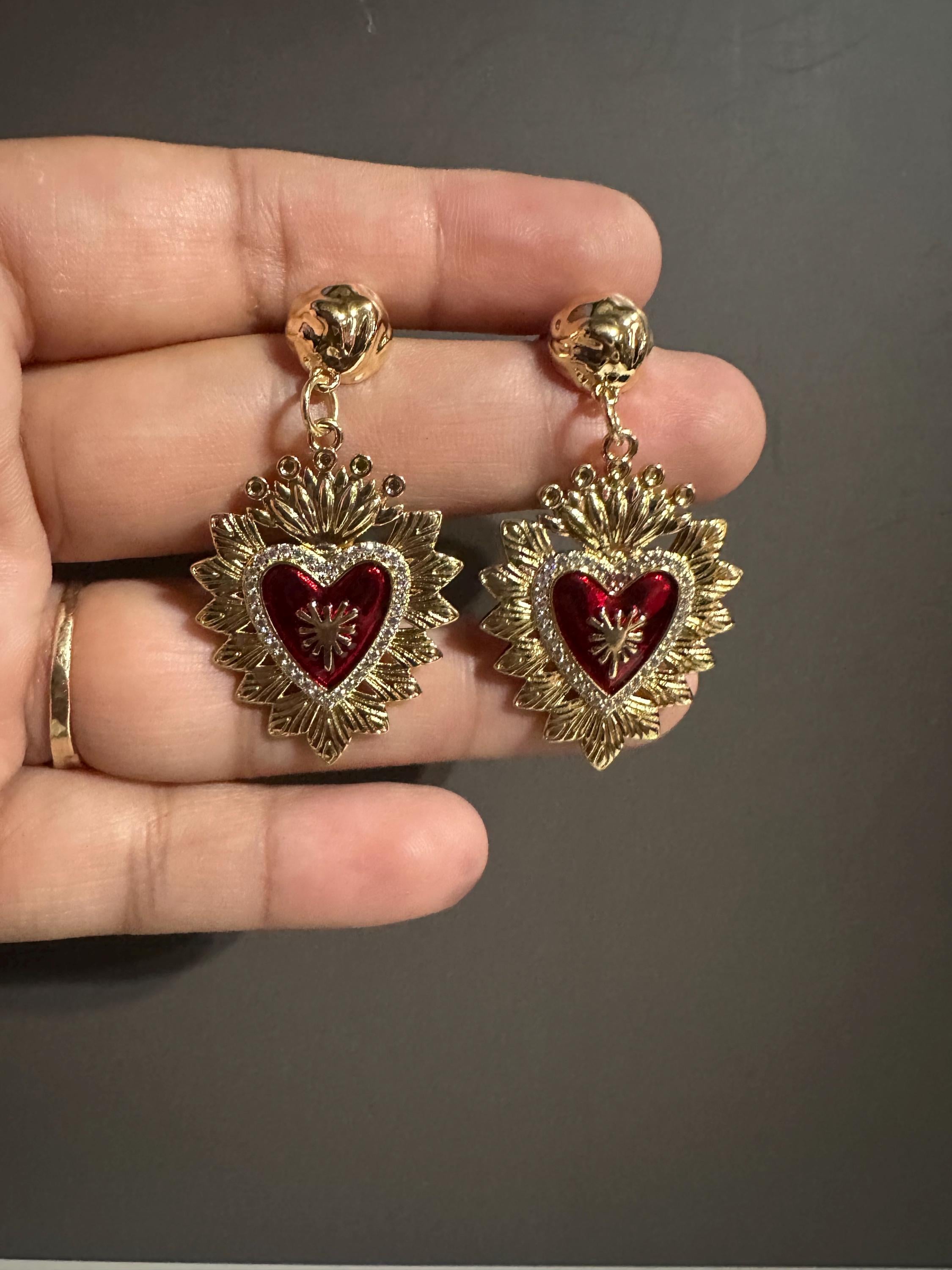 Handmade 18k Gold Plated red Sacred Heart Earrings